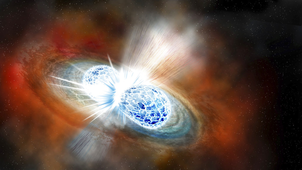 This illustration provided by the Carnegie Institution for Science depicts the collision of two neutron stars detected on Aug. 17, 2017. The explosion threw matter, light, radiation and gravitational waves into space. The discovery was reported on Monday, Oct. 16, 2017.