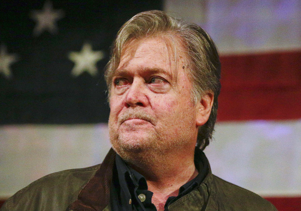 In this Sept. 25, 2017 photo, former presidential strategist Steve Bannon speaks at a rally for U.S. Senate hopeful Roy Moore, in Fairhope, Ala.  Bannon is rebuffing President Donald Trump’s public plea for him to retreat in his war on the Republican establishment, personally boosting the candidacy of a challenger to incumbent Sen. Jeff Flake.