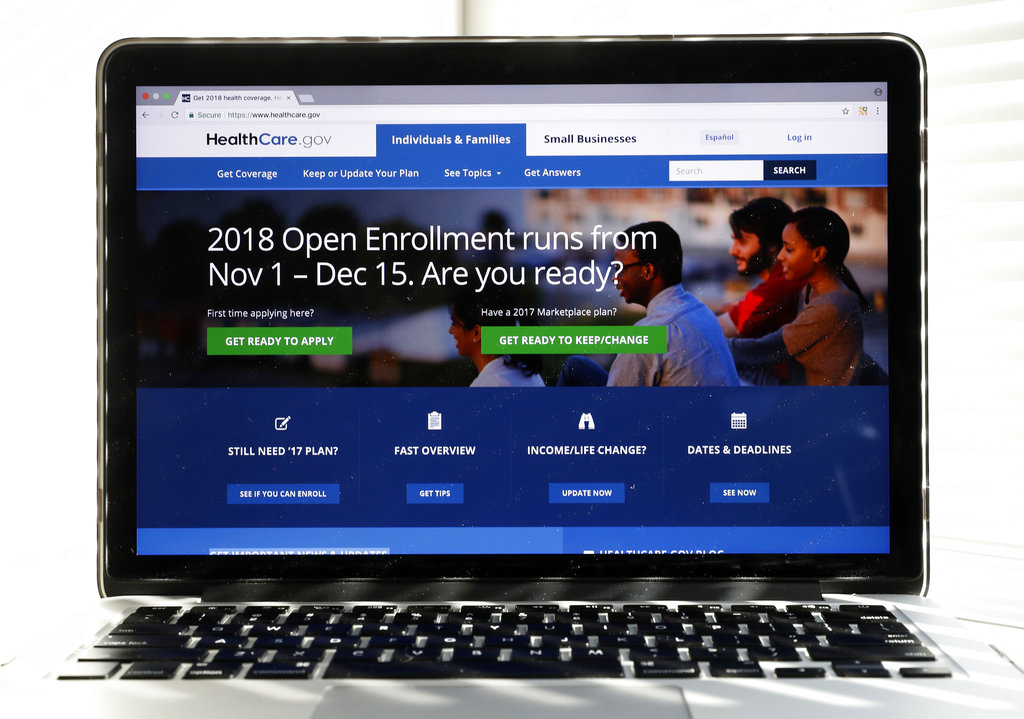 The Healthcare.gov website is seen on a computer screen Wednesday, Oct. 18, 2017, in Washington. If President Donald Trump succeeds in shutting down a major “Obamacare” subsidy, it would have the unintended consequence of making basic health insurance available to more people for free, and making upper-tier plans more affordable.