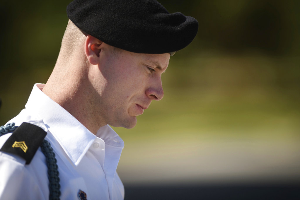 FILE- In this Sept. 27, 2017, file photo, Army Sgt. Bowe Bergdahl leaves a motions hearing during a lunch break in Fort Bragg, N.C. The fate of Bergdahl rests in a judge’s hands now that the Army sergeant has pleaded guilty to endangering his comrades by leaving his post in Afghanistan in 2009. Sentencing for Bergdahl starts Monday, Oct. 23, at Fort Bragg and is expected to feature dramatic testimony about soldiers and a Navy SEAL badly hurt while they searched for the missing Bergdahl.