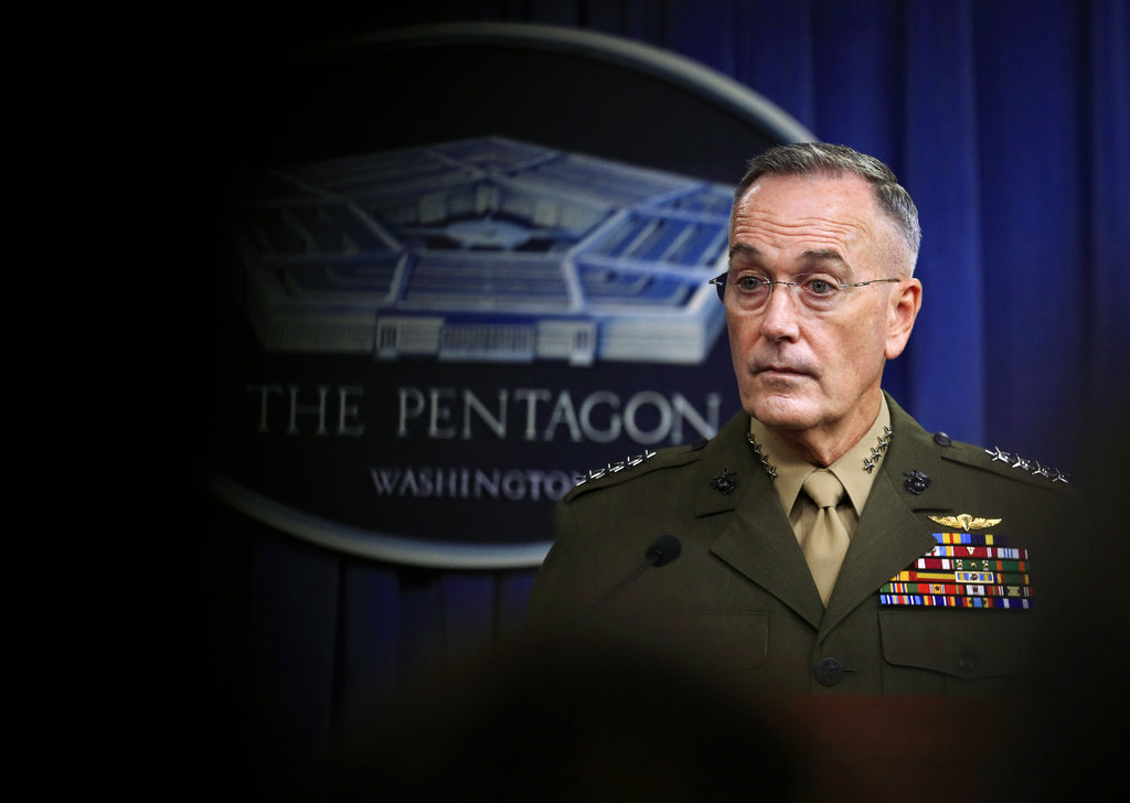Joint Chiefs Chairman Gen. Joseph Dunford, speaks to reporters about the Niger operation during a briefing at the Pentagon, Monday, Oct. 23, 2017.