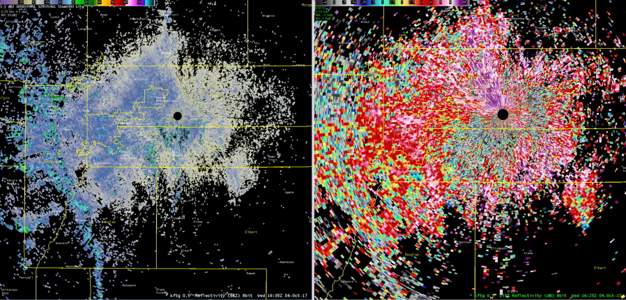 Radar images from Tuesday show a 70-mile-wide wave of butterflies drifting across the Denver metro area. Forecasters say the photos show two different types of radar images of the same movement of butterflies, and that the colors are the result of the way the radar detects the insects’ shape and direction of travel, not the colors of the butterflies themselves.