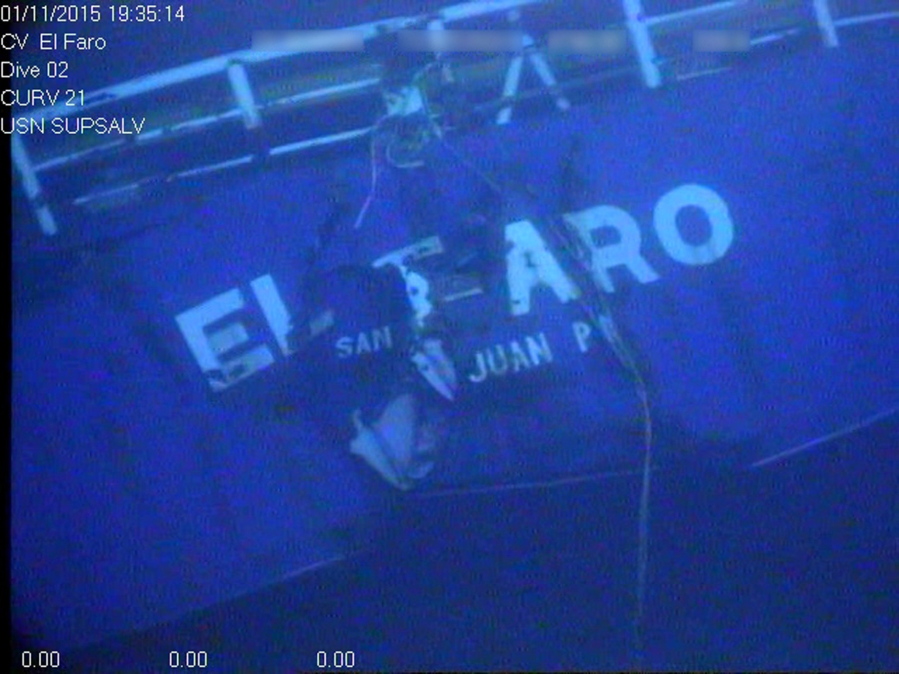 The stern of the sunken ship El Faro is seen April 26, 2016. In a report released Sunday the Coast Guard says the primary cause of the sinking of a cargo ship two years ago that killed all 33 aboard was Capt. Michael Davidson misreading both the strength of a hurricane and his overestimation of the ship’s strength.