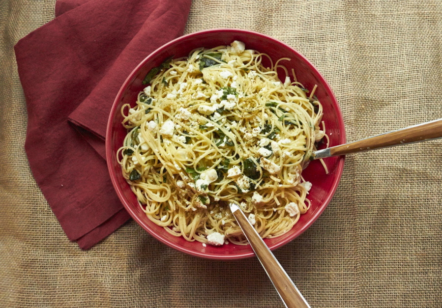 Linguine with lemon, feta cheese and basil in New York. This dish is from a recipe by Katie Workman.