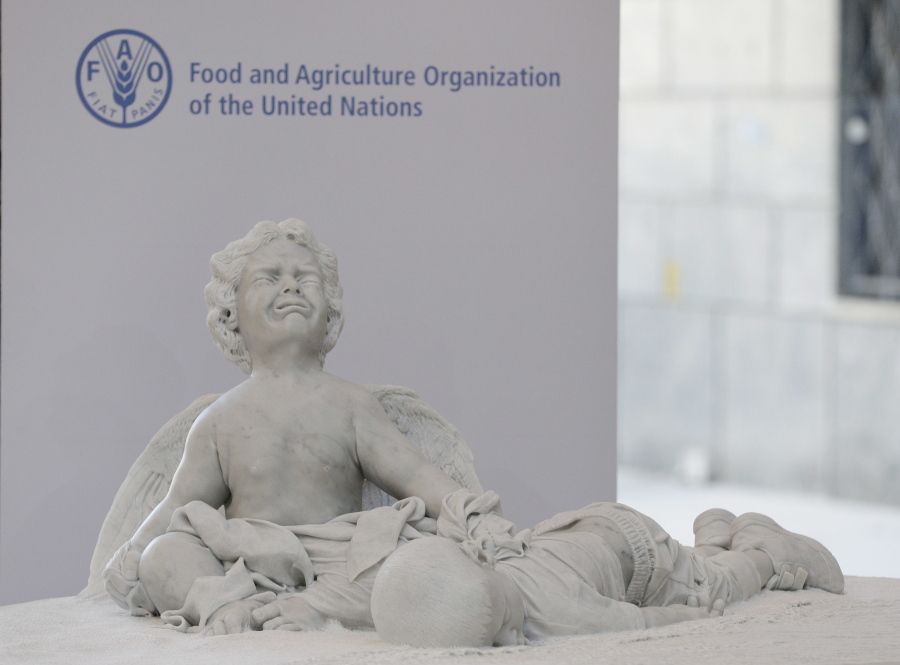 This photo shows a marble statue representing the tragedy of migration donated by Pope Francis during his visit to the United Nations Food and Agriculture Organization (FAO) on the occasion of the World Food Day, Monday, Oct. 16, 2017. The statue commemorates Aylan Kurdi, the 3-year old refugee boy drowned on Sept. 2015 while crossing the Mediterranean Sea.