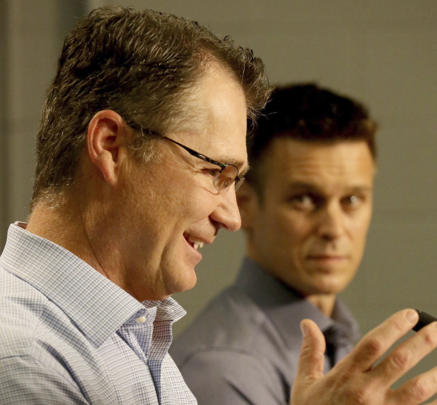 Seattle Mariners manager Scott Servais, left and General Manager Jerry Dipoto address the media on Tuesday.