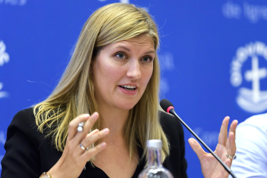 Beatrice Fihn of the International Campaign to Abolish Nuclear Weapons, ICAN, speaks at a press conference, at the headquarters of the International campaign to abolish Nuclear Weapons, ICAN, in Geneva, Switzerland, on Friday, Oct. 6, 2017. ICAN is the winner of this year’s Nobel Peace Prize.