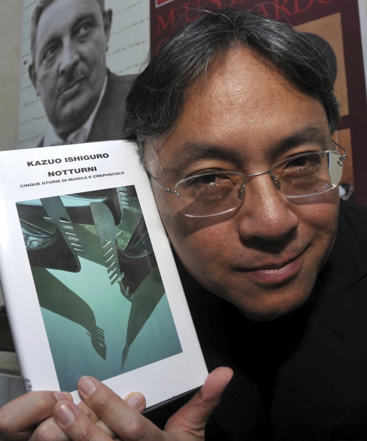 Author Kazuo Ishiguro shows his book “Nocturnals” before receiving the “Giuseppe Tomasi di Lampedusa” prize for literature, in Santa Margherita Belice, near Palermo, Sicily, southern Italy. The Nobel Prize for Literature for 2017 has been awarded to British novelist Kazuo Ishiguro, it was announced on Thursday, Oct. 5, 2017.
