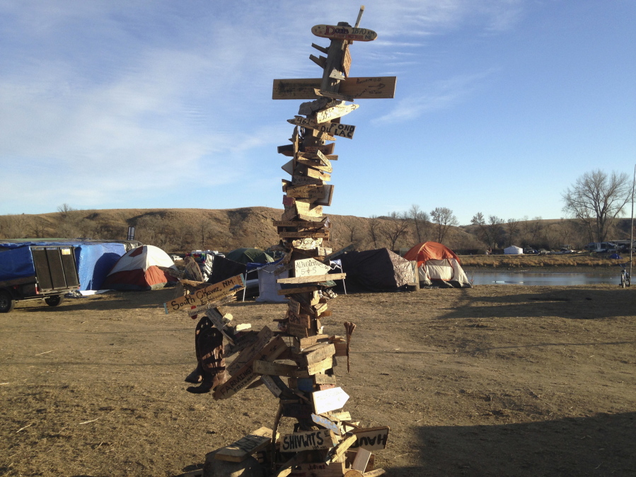 A mile-marker post created by activists near Cannon Ball, N.D., during protests against the Dakota Access pipeline.