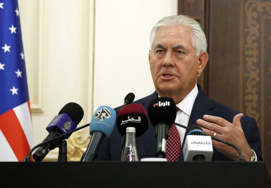 Secretary of State Rex Tillerson answers a reporter’s question during a media availability with Qatar’s Foreign Minister Sheikh Mohammed bin Abdulrahman Al Thani after their meeting, Sunday, in Doha,Qatar.