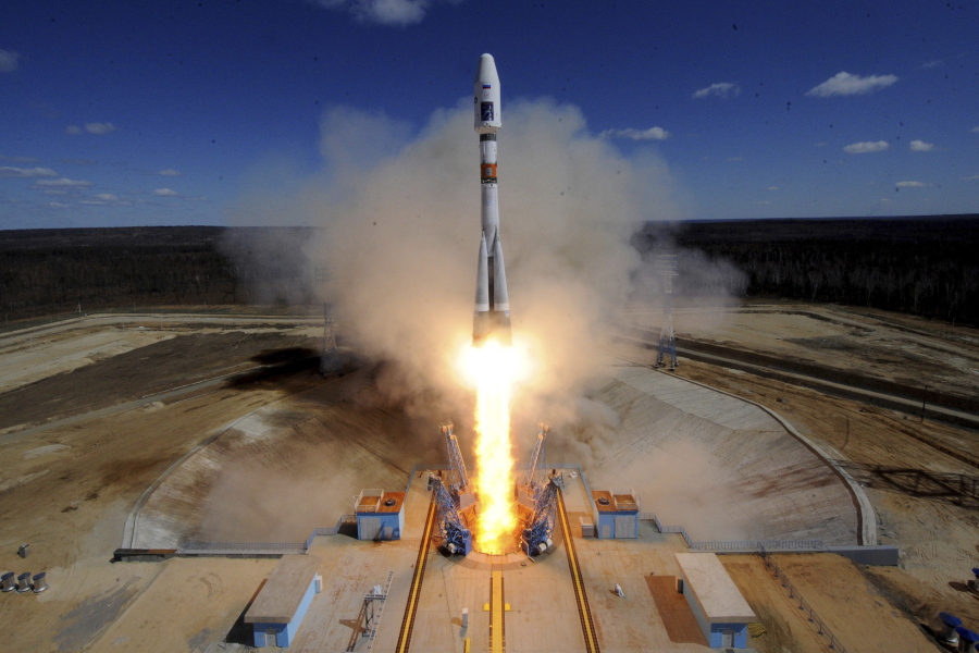 A Russian Soyuz 2.1a rocket carrying Lomonosov, Aist-2D and SamSat-218 satellites lifts off from the launch pad April 28, 2016, at the new Vostochny Cosmodrome outside the city of Uglegorsk, about 200 kilometers (125 miles) from the city of Blagoveshchensk in the far eastern Amur region, Russia. Six decades after Sputnik opened the space era, Russia has struggled to build up on its Soviet-era space achievements and space research now ranks very low among the Kremlin’s priorities.