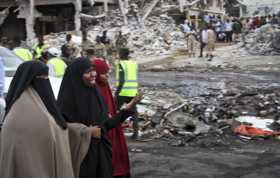 Somali women react at the scene of Saturday’s blast, in Mogadishu, Somalia Sunday, Oct. 15, 2017. The death toll from the most powerful bomb blast witnessed in Somalia’s capital rose Sunday to at least 189 with more than 200 injured, making it the deadliest single attack ever in the Horn of Africa nation, police and hospital sources said.