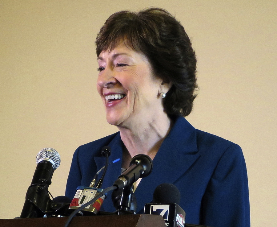 Sen. Susan Collins, R-Maine, smiles during a news conference Friday in Rockland, Maine.