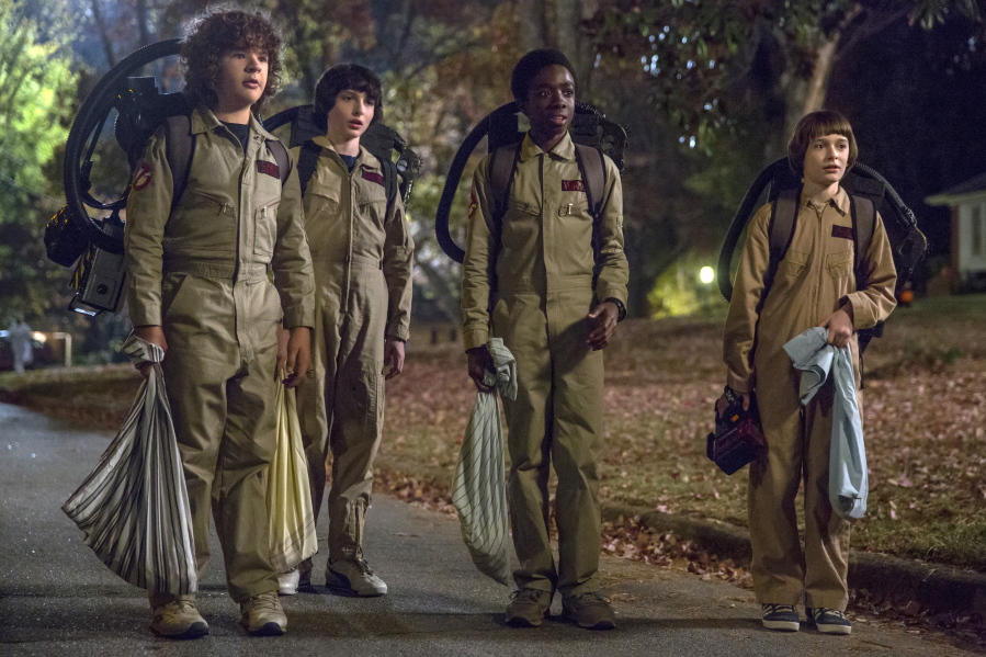 Gaten Matarazzo, from left, Finn Wolfhard, Caleb McLaughlin and Noah Schnapp appear in a scene from “Stranger Things,” whose second-season premiere was Friday.