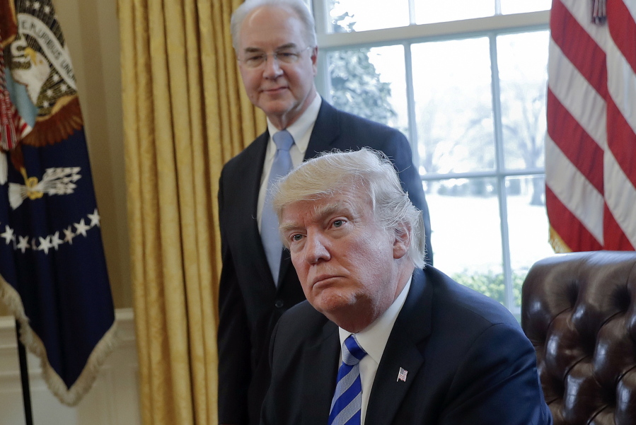 President Donald Trump with Health and Human Services Secretary Tom Price are seen in the Oval Office of the White House in Washington. Price resigned Sept. 29, after his costly travel triggered investigations that overshadowed the administration’s agenda and angered his boss. Price’s regrets and partial repayment couldn’t save his job.