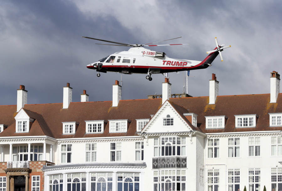 A helicopter owned by Donald Trump departs July 29, 2015 from the Turnberry golf course in Turnberry, Scotland. Feelings toward Trump run from anger to praise in Scotland where the troubles for the president’s two golf clubs have only mounted recently. A financial report filed with the British government shows Trump is losing millions for a third year in a row.