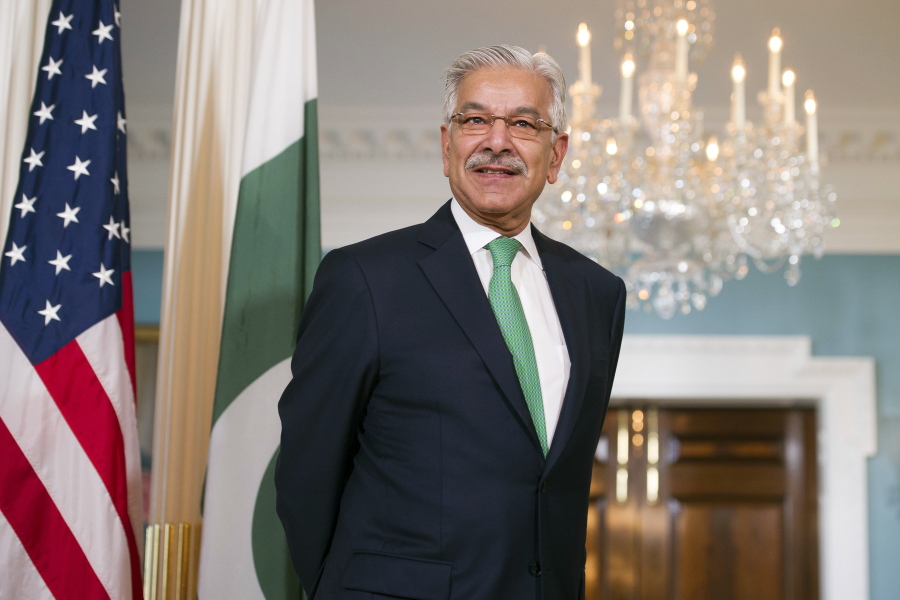 In this Oct. 4, 2017, photo, Pakistani Foreign Minister Khawaja Asif stands during a meeting with Secretary of State Rex Tillerson at the State Department in Washington. Pakistan said Oct. 5, its influence over the Taliban has diminished since a U.S. drone strike killed the militant group’s leader last year, derailing talks aimed at bringing peace to Afghanistan.