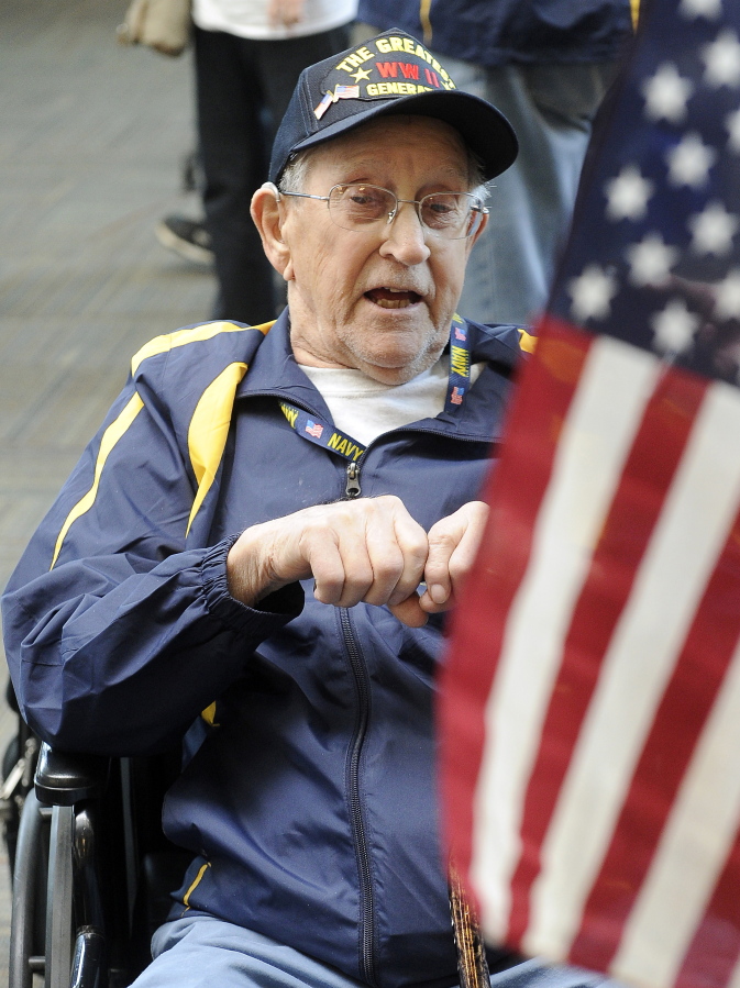 Harold Simpson, 92, of Medford, Ore., describes his World War II military experience after returning from an Honor Flight to Washington, D.C.
