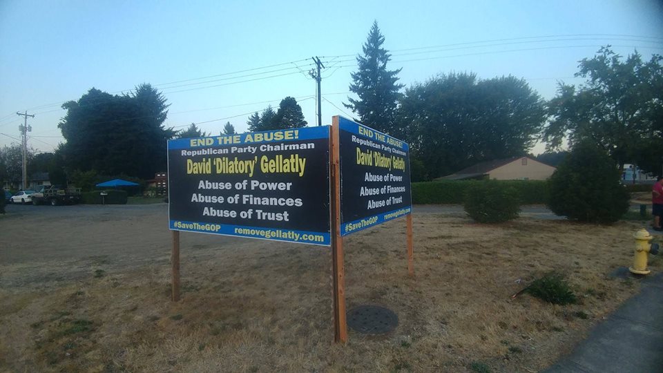 This billboard is one of many posted around Clark County alleging Clark County Republican Party Chairman David Gellatly abuses his power over the party.
