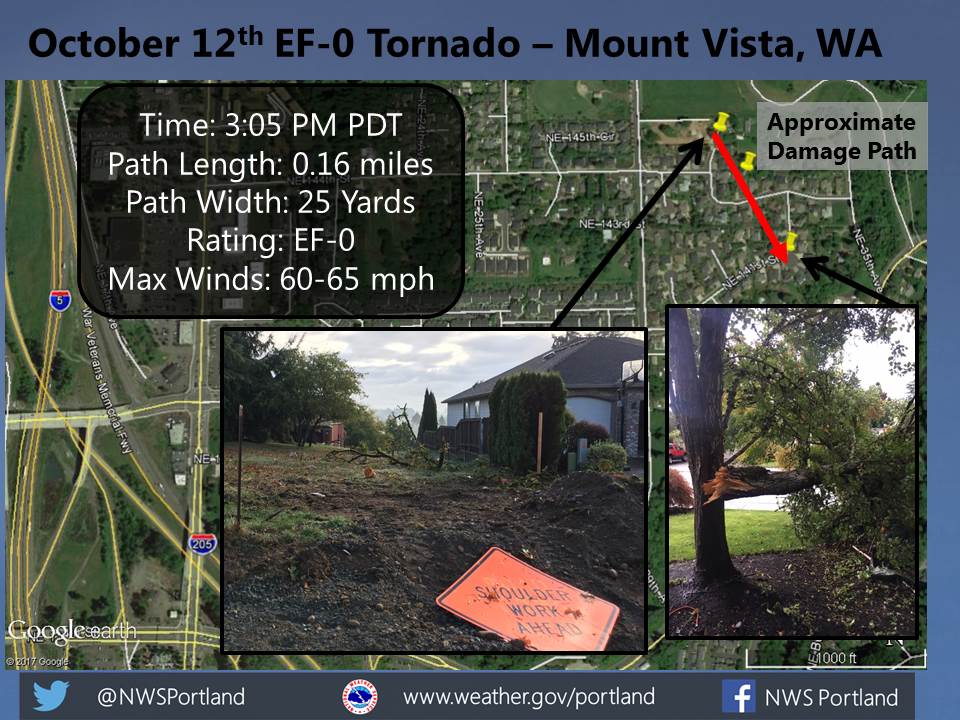 A National Weather Service bulletin shows the path of Thursday's EF-0 tornado in the Mount Vista neighborhood north of Vancouver.