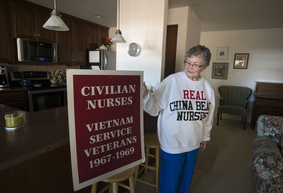 Retired nurse Marion Mullin with her sweatshirt that references the 1988-1991 television series, “China Beach.” Amanda Cowan/The Columbian