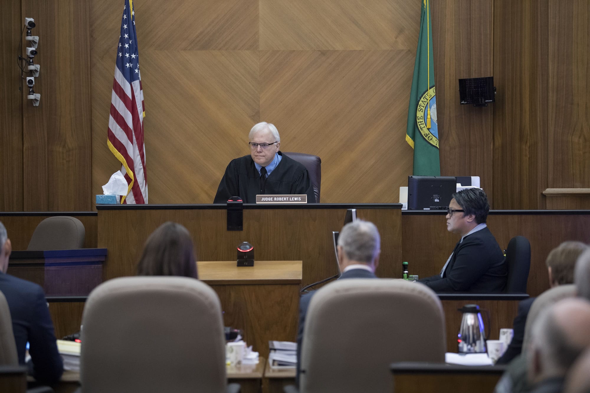 Judge Robert Lewis presides over Brent Luyster's triple aggravated murder trial in Clark County Superior Court on Wednesday morning, Nov. 1, 2017.
