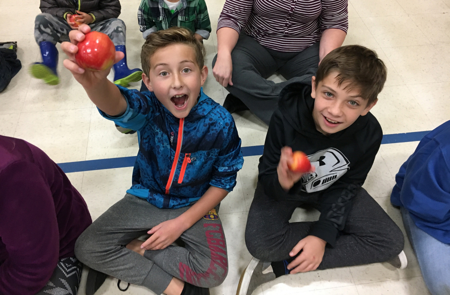 Five Corners: Silver Star Elementary School students Aubyn Broer, left, and Caiden Kinder take bites out of apples as part of the school’s apple crunch to kick off its Harvest of the Month campaign.