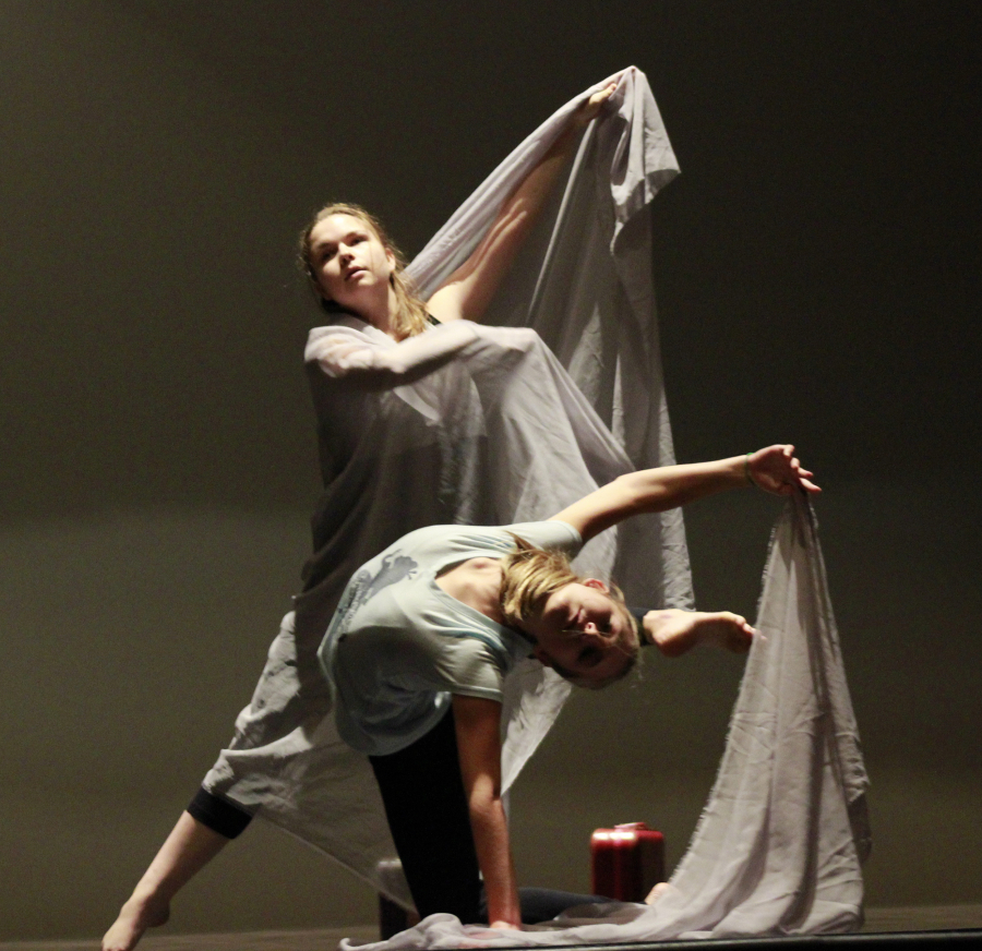 Vancouver School of Arts and Academics students Kate Campbell, top, and Madison Gebhard in rehearsal for “A Codex of Flight.” (Maria Vara)