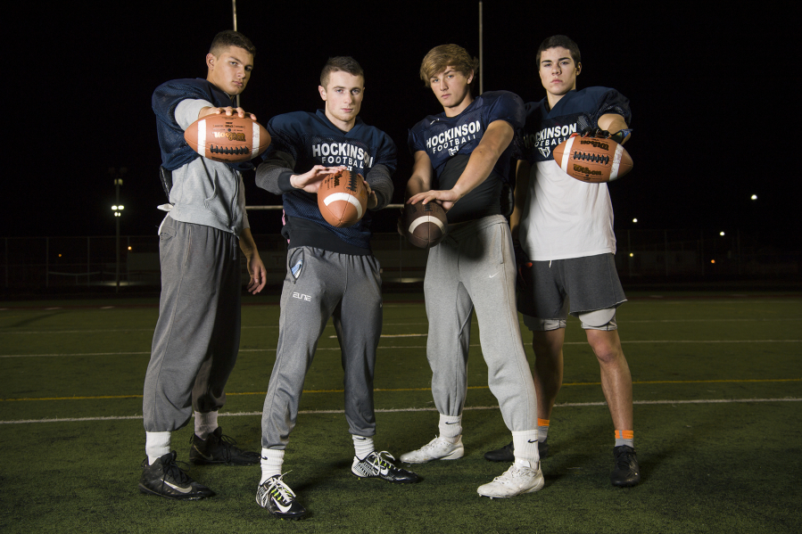 From left, Jake Beslanowitch, Matt Henry, Sawyer Racanelli and Peyton Brammer have combined for 2,968 receiving yards and 44 touchdowns.