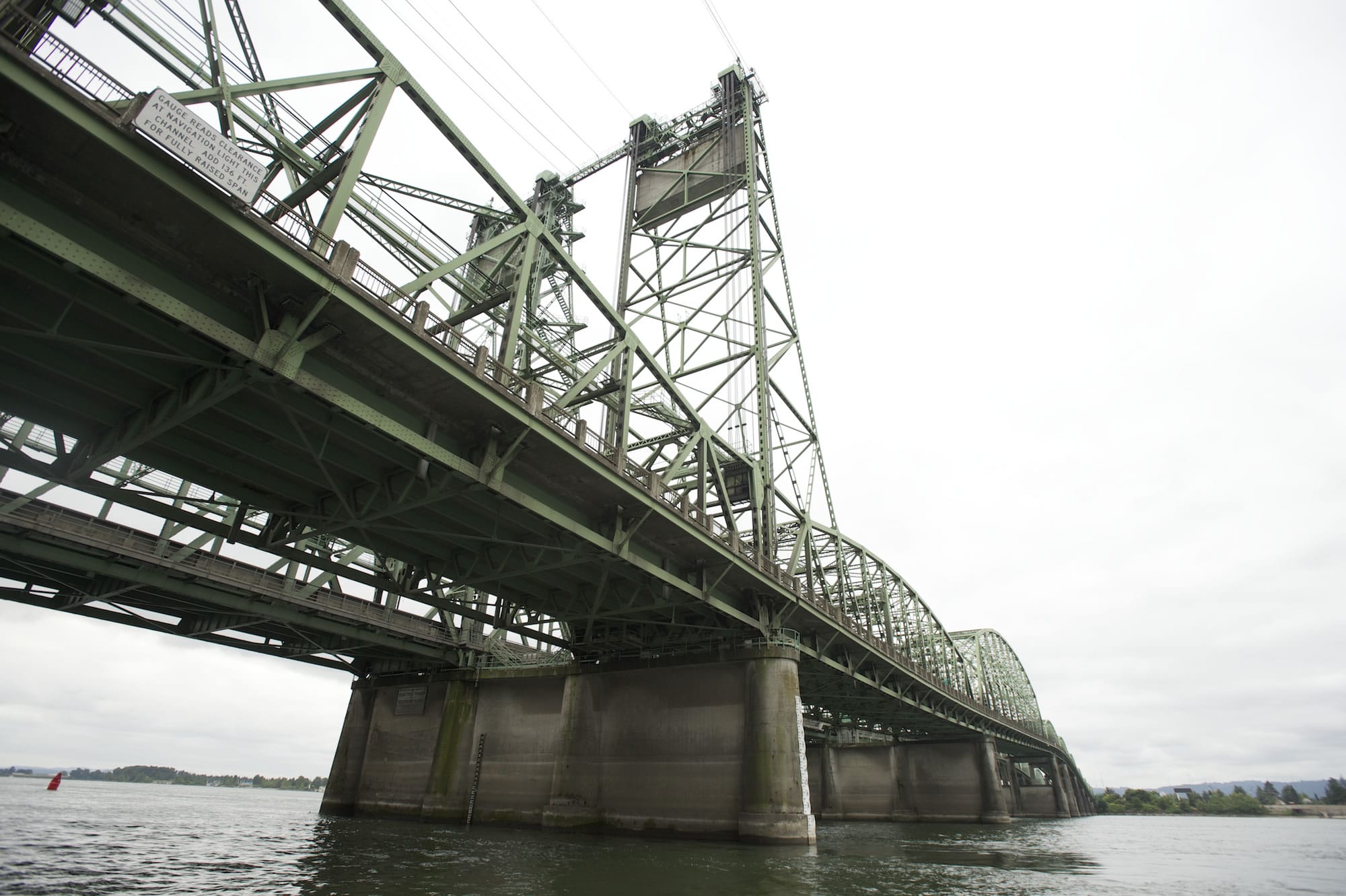 The Interstate 5 Bridge as seen from the Columbia River in July 2013.