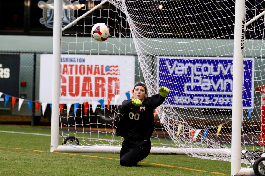 Goalkeeper Liz Canton makes a save in goal for Columbia River during the Chieftain’s penalty kick win over Bellingham on Saturday.