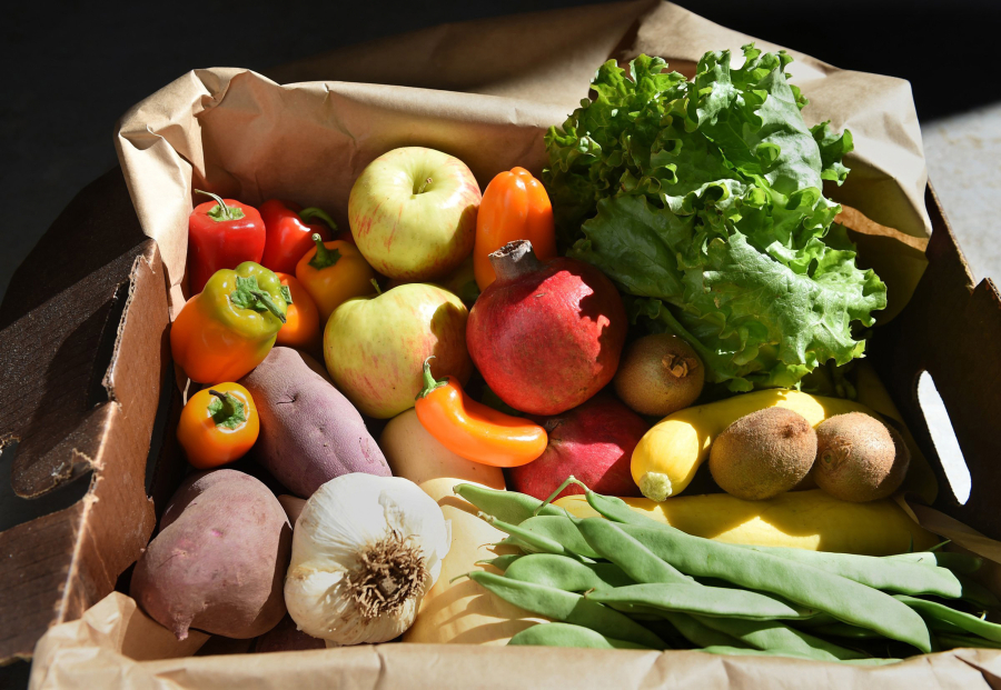 A box of produce from Harvest Fields Organic Farm. If we slashed food waste and raising livestock and eating meat, organic agriculture could go worldwide.