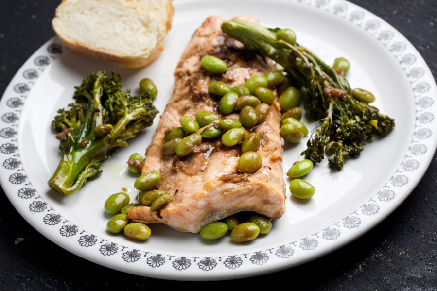 Arctic Char, Broccolini and Edamame With Soy-Ginger Sauce Deb Lindsey for The Washington Post