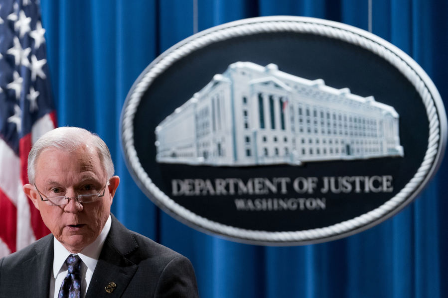 Attorney General Jeff Sessions speaks Wednesday during a press conference about the opioid crisis at the Department of Justice in Washington.