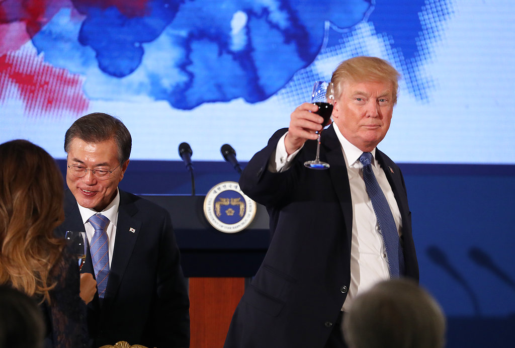 U.S. President Donald Trump and South Korean President Moon Jae-in toast at the start of a dinner at the Blue House in Seoul, South Korea, Tuesday, Nov. 7, 2017. Trump is on a five country trip through Asia traveling to Japan, South Korea, China, Vietnam and the Philippines.