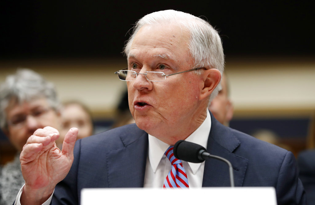 Attorney General Jeff Sessions speaks during a House Judiciary Committee hearing on Capitol Hill, Tuesday, Nov. 14, 2017 in Washington. Sessions is leaving open the possibility that a special counsel could be appointed to look into Clinton Foundation dealings and an Obama-era uranium deal. The Justice Department made the announcement Monday in responding to concerns from Republican lawmakers.