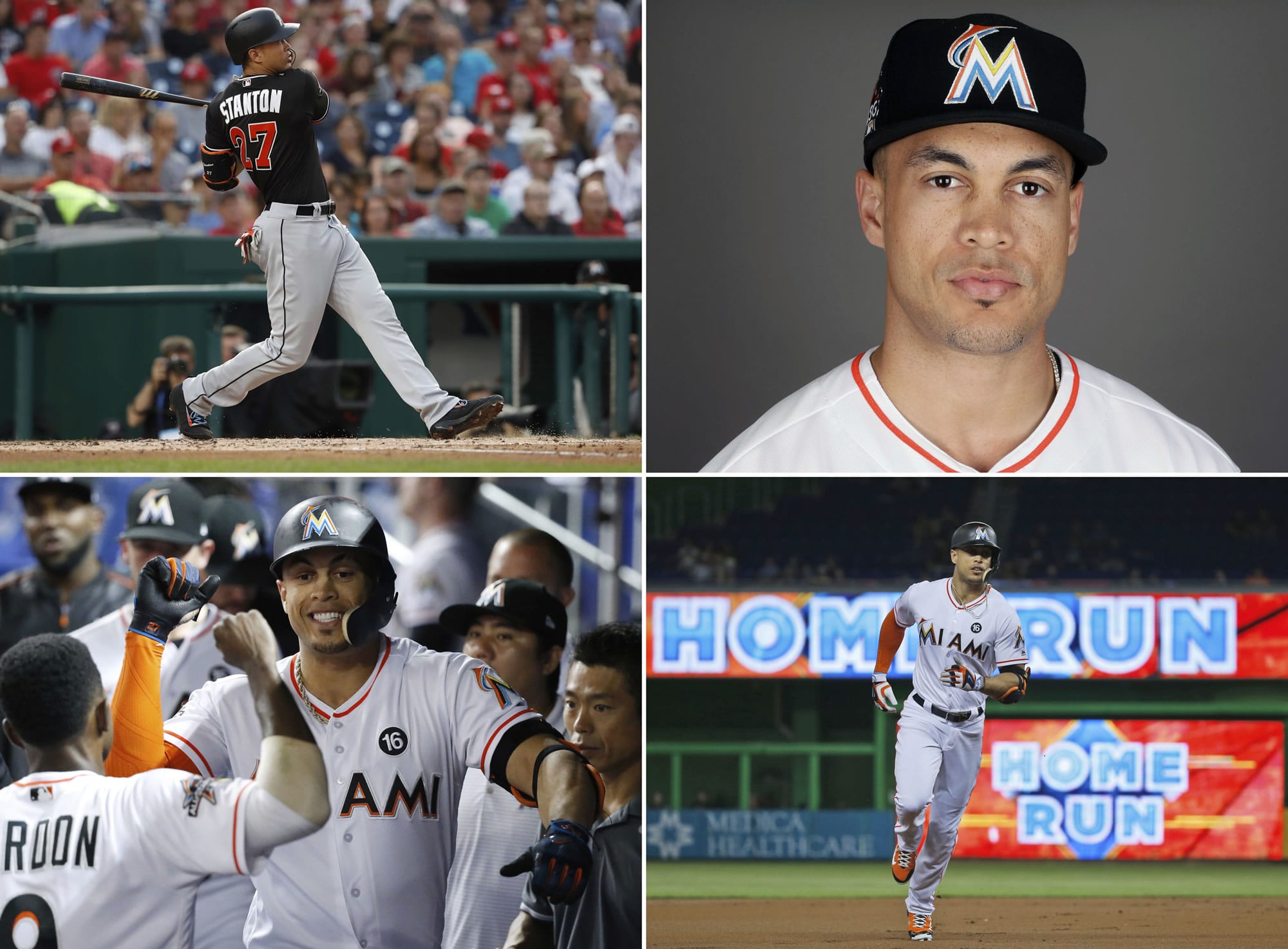 Clockwise from top left are 2017 file photos showing: Miami Marlins' Giancarlo Stanton hitting a two-run home run during the third inning against the Washington Nationals in Washington; Giancarlo Stanton in 2017;  Stanton running to third after hitting a two-run home run during the first inning against the Philadelphia Phillies in Miami; and Marlins' Giancarlo Stanton, right, and Dee Gordon (9) celebrating after Stanton's home run during the fourth inning against the New York Mets in Miami. Stanton won the NL prize, announced Thursday, Nov. 16, 2017.
