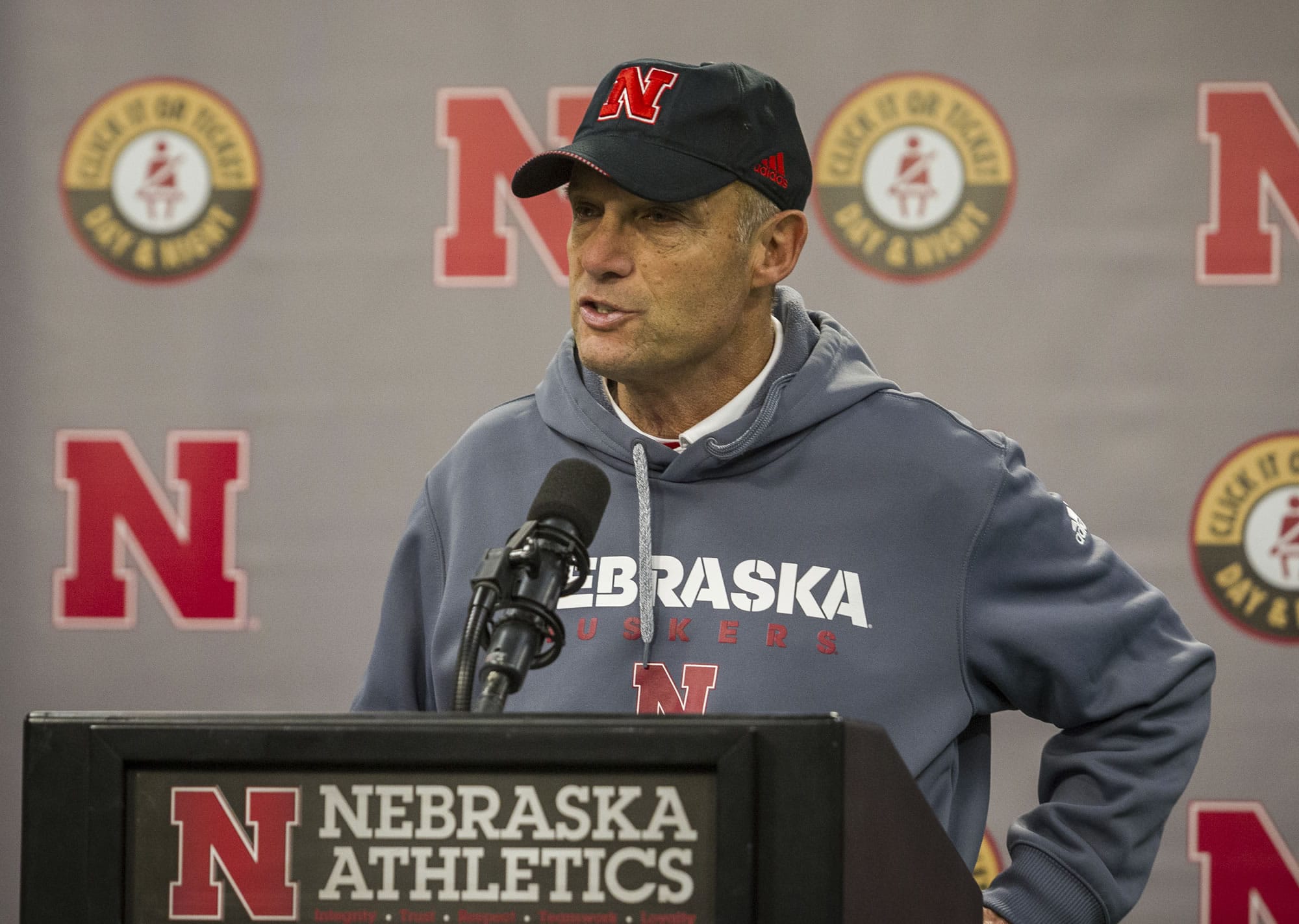 Nebraska head coach Mike Riley speaks at a news conference after suffering a loss to Iowa in an NCAA college football game in Lincoln, Neb., Friday, Nov. 24, 2017.