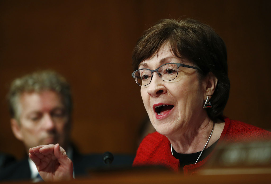 Sen. Susan Collins, R-Me., questions Alex Azar, President Donald Trump's nominee to become Secretary of Health and Human Services, during a Senate Health, Education, Labor and Pensions Committee confirmation hearing on Capitol Hill in Washington, Wednesday, Nov. 29, 2017.