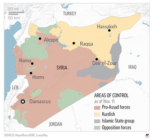 Map Syria shows the latest areas of control by Pro-Assad, Kurdish, Islamic State and Free Syrian Army forces.;