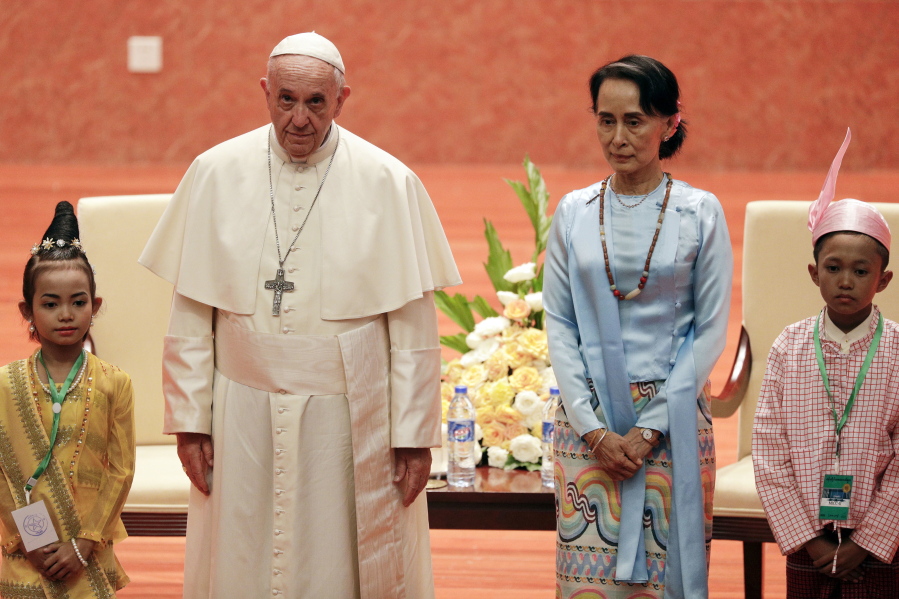 Pope Francis meets Myanmar’s leader Aung San Suu Kyi at the International Convention Centre of Naypyitaw, Myanmar, on Tuesday. The pontiff is in Myanmar for the first stage of a week-long visit that will also take him to neighboring Bangladesh.