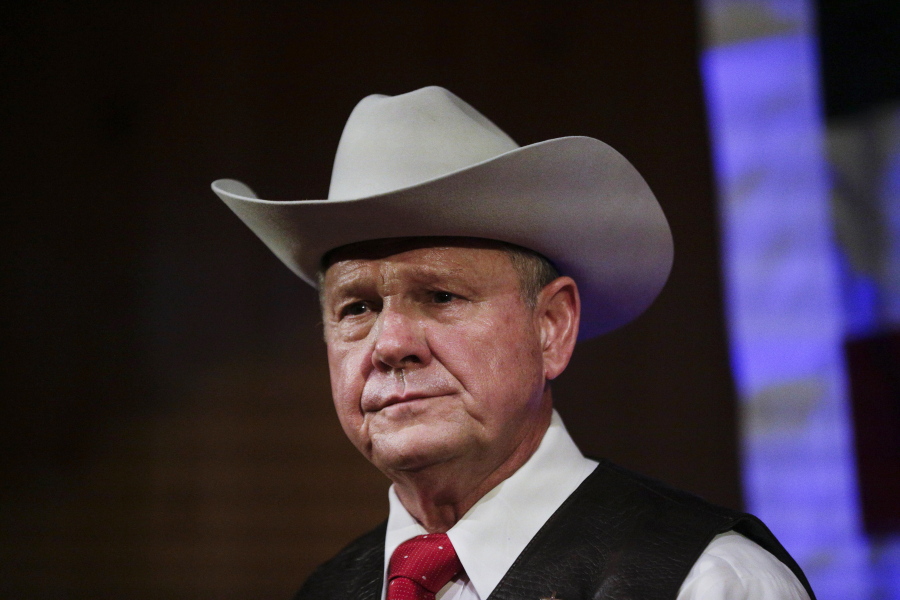 FILE - In this Monday, Sept. 25, 2017, file photo, former Alabama Chief Justice and U.S. Senate candidate Roy Moore speaks at a rally, in Fairhope, Ala. According to a Washington Post story Nov. 9, an Alabama woman said Moore made inappropriate advances and had sexual contact with her when she was 14.