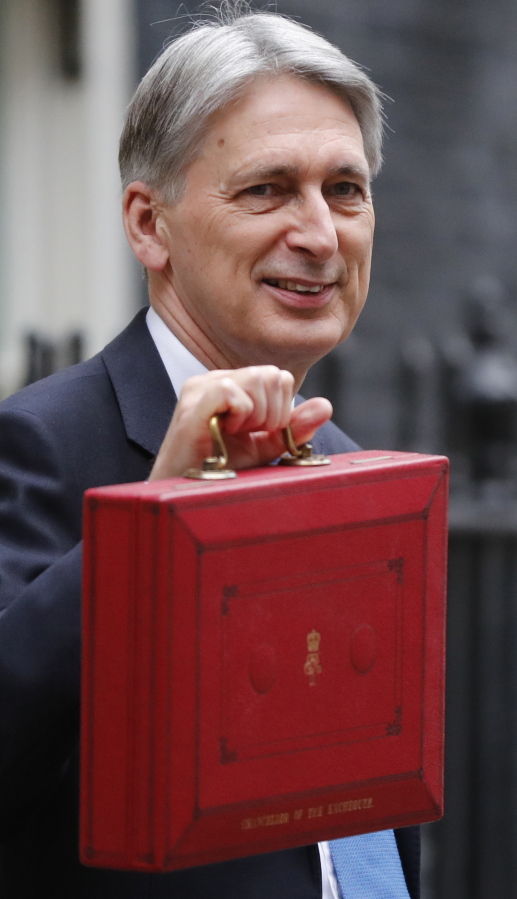Britain’s Chancellor of the Exchequer Philip Hammond poses for the media as he holds up the traditional red dispatch box, outside his official residence 11 Downing Street, before delivering his annual budget speech to Parliament, in London, Wednesday, Nov. 22, 2017.