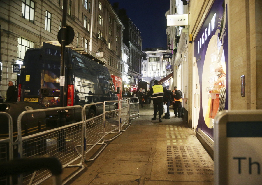 The scene outside the London Palladium in the west end of London after Oxford Circus station was evacuated Friday. British police said Friday they were responding to reports of an incident at Oxford Circus subway station, one of London’s busiest.