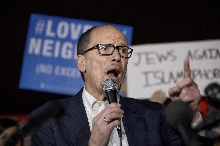 Democratic National Committee Chairman Tom Perez speaks March 6 at a protest in Washington. The Democratic National Committee chairman, Perez, is questioning Donna Brazile’s claim, his predecessor, that she could have initiated efforts to replace Hillary Clinton as the party’s presidential nominee with then-Vice President Joe Biden.