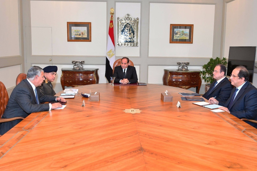 Abdel-Fattah El-Sissi, center, meets with officials in Cairo after militants attacked a crowded mosque during Friday prayers in the Sinai Peninsula. The attackers set off explosives, spraying worshippers with gunfire and killing at least 184 people in the deadliest ever attack on Egyptian civilians by Islamic extremists.