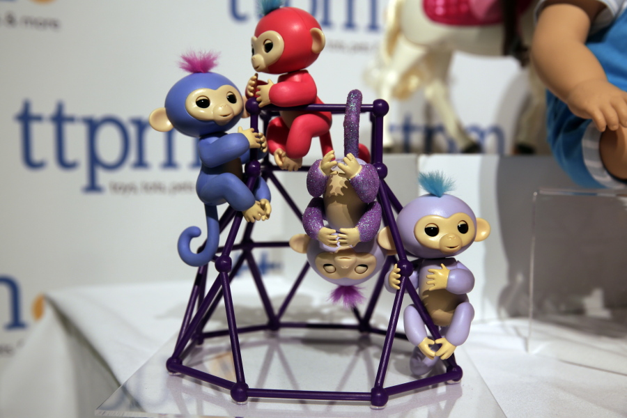 Fingerlings from WowWee on display in September at the 2017 TTPM Holiday Showcase in New York. Shoppers rushing to find Fingerlings, the robotic monkeys that are one of the holiday season’s hottest toys and already hard to find, say they’ve been fooled into buying fakes.