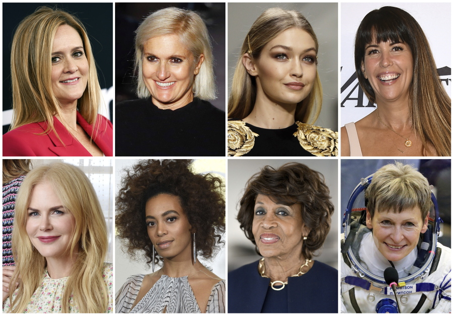 This combination photo shows, top row from left, comedian Samantha Bee, Italian designer Maria Grazia Chiuri, model Gigi Hadid, director Patty Jenkins, and bottom row from left, actress Nicole Kidman, singer Solange Knowles, Rep. Maxine Waters and astronaut Peggy Whitson, who are among Glamour’s Women of the Year Honorees. They will be featured in a December spread and honored November 13th at a gala in New York.