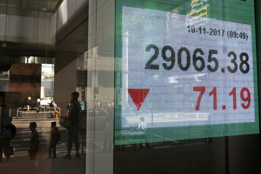 An electronic stock board shows the Hang Seng Index on Friday at a bank in Hong Kong,. Asian shares sank Friday, following declines on Wall Street after a proposed delay to U.S.