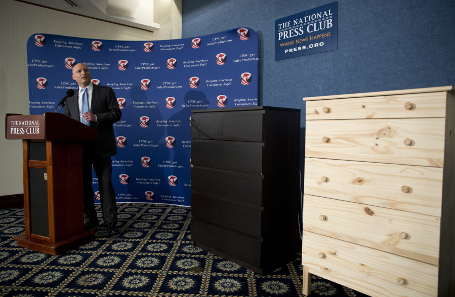 With two Ikea dressers displayed at right Consumer Product Safety Commission Chairman Elliot Kaye speaks during a news conference at the National Press Club in Washington in 2016.